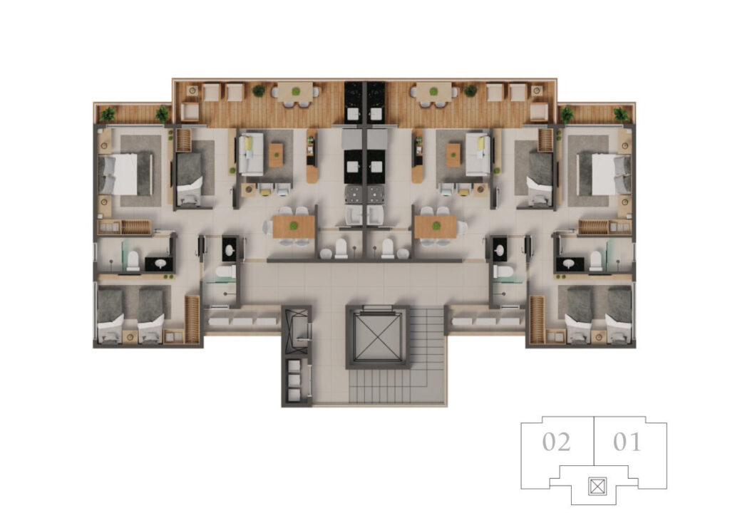 Beach Ville planta implantação torre aptos 75,27m²
